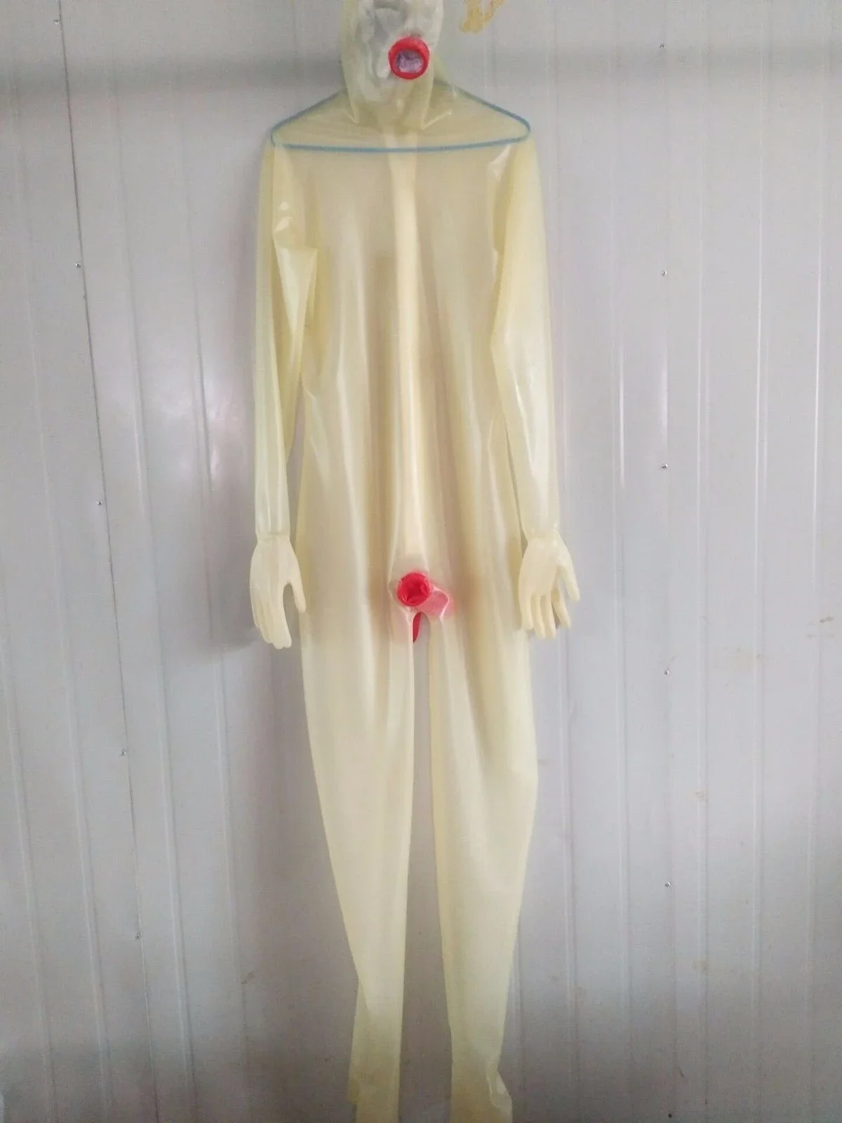 

Latex Rubber Tights Transparent and Red Hood Sexy Catsuit Suit Masquerade