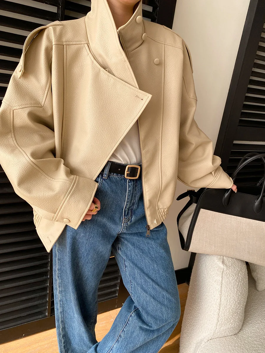 Spring women's casual solid color PU leather stand collar silhouette leather jacket