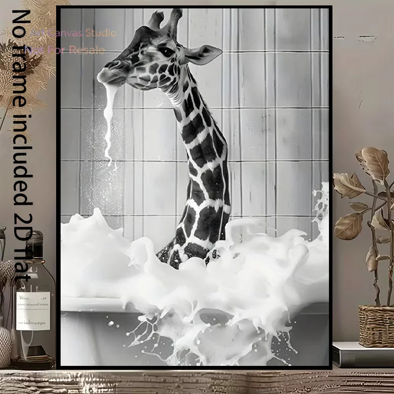 2D Flat, 2D Flat, 1pc of Decorative Canvas Art in Black And White: a Lively Scene of a Giraffe in a Bathtub with Splashing Fo