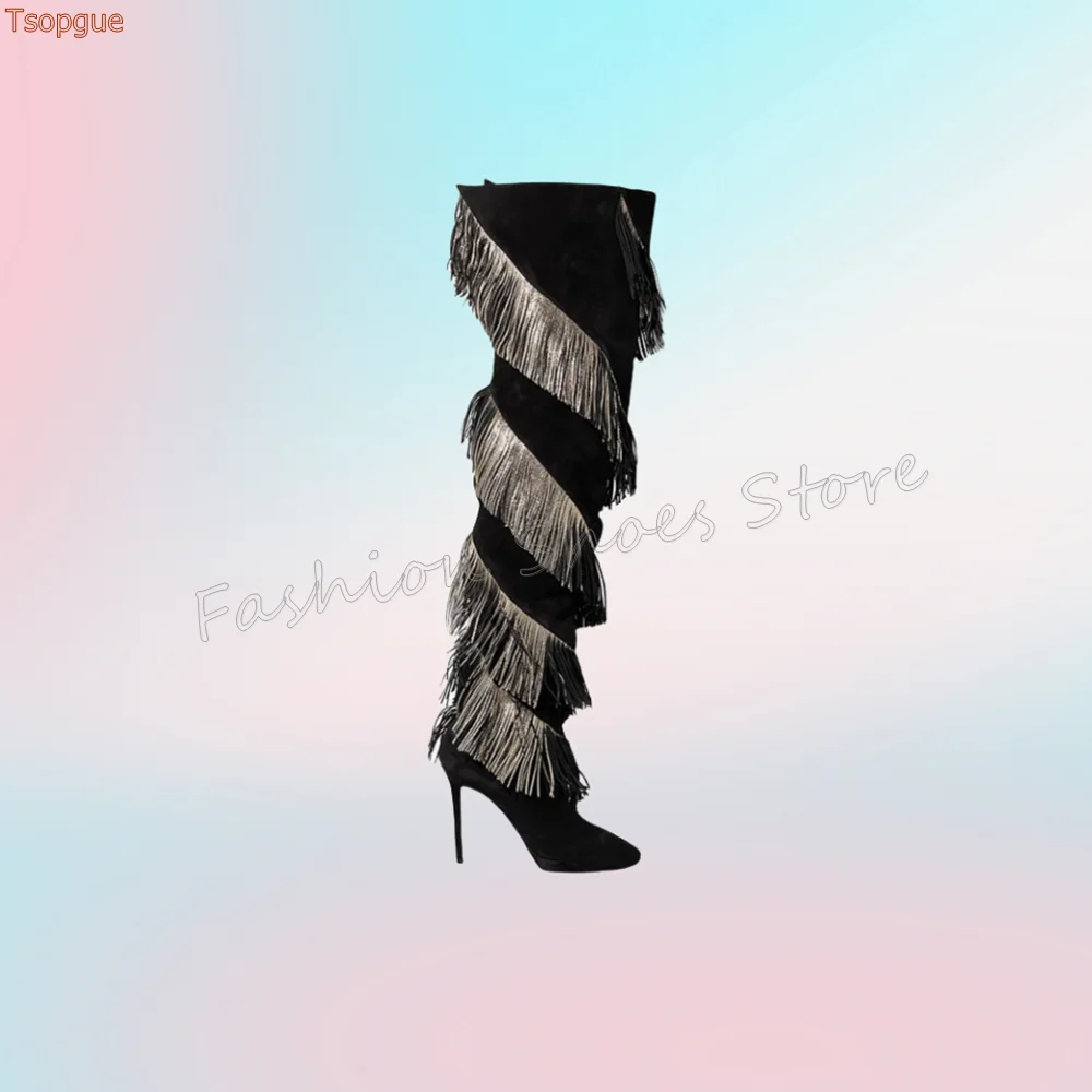 Black Tassels Decor Pointed Toe Boots Stilettos High Heels High Heel Shoes for Women Fashion Heels 2025 New Zapatos Para Mujere