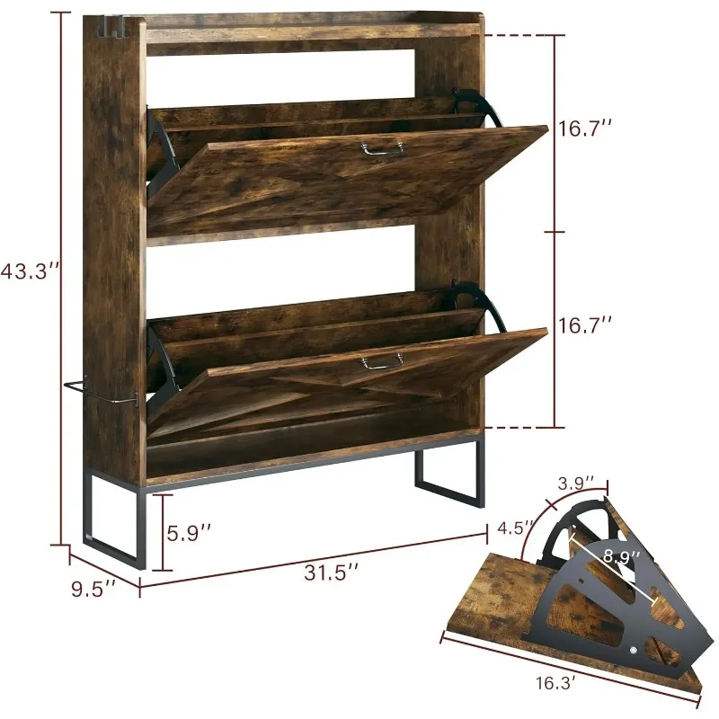 Shoe Cabinet with 2 Flip Drawers - Adjustable Shelving, Separate Storage Cabinet with Metal Legs for Entry, Narrow