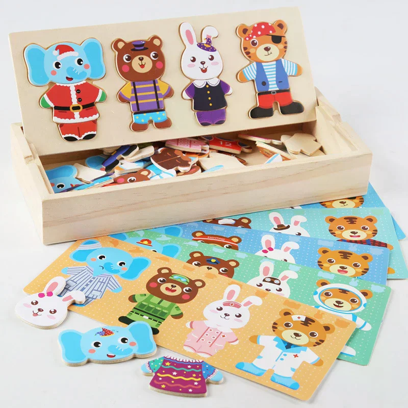 Puzzles habillés en bois, jouets Montessori, ours Animal, changement de vêtements, boîte de Puzzle, jeux assortis, ensemble de voyage pour enfants