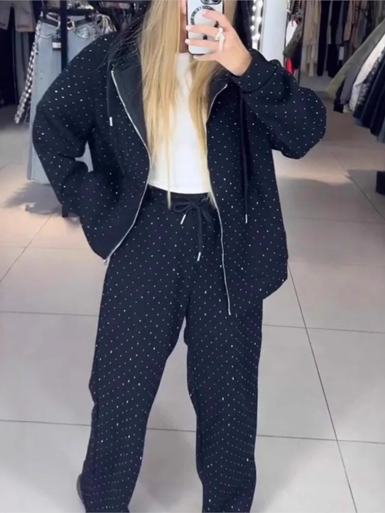 Women's Sport 2-piece Sets Solid Zipper Cardigan Sweatshirt + High-waisted Lace-up Casual Loose Trousers Fleece Suit Fall Winter