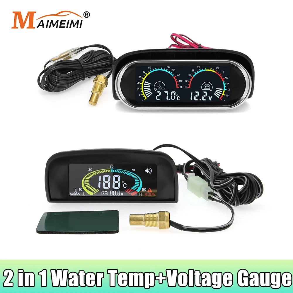 2 in 1 LCD Car Gauge Voltmeter +Water Temperature Gauge with Sensor NPT1/8 10MM Voltage With Buzzing Flash Alarm For Car 12V 24V