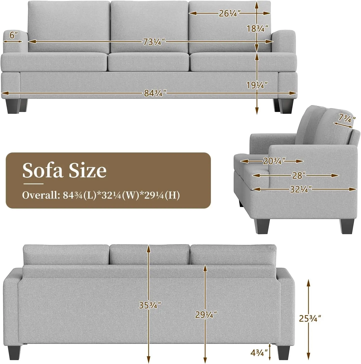 Furnimart 85 inch Deep Seat Sofa, Modern Grey Couch 3 Seater Couches, Comfy Cloud Couch for Living Room, Small Couches for Small