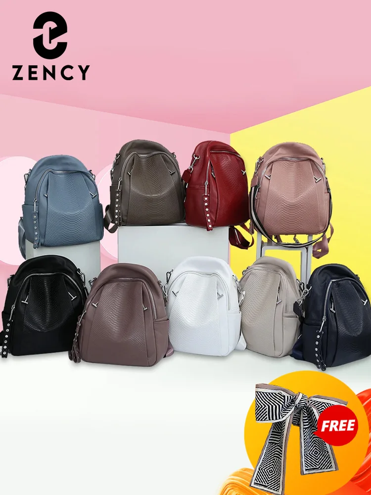 Mochila Zency de cuero genuino para mujer, moda con remaches de cocodrilo, bolso de hombro Simple para mujer, bolso escolar de viaje, mochila para