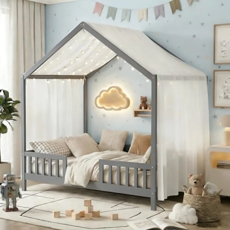 Montessori House Bed with High Rails, Wood Low Floor Bed with Roof and Canopy, Beds Frame for Girls Boys, No Box Spring Needed,