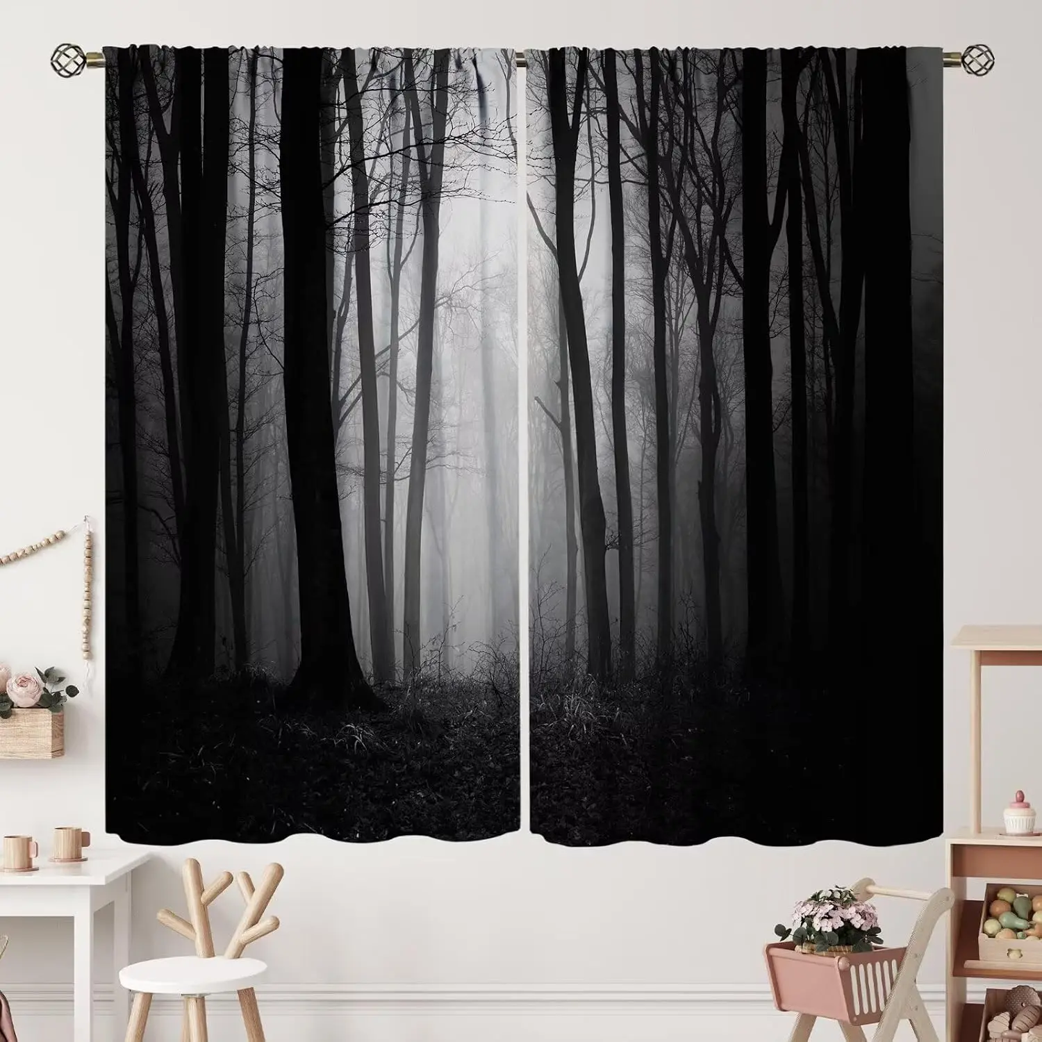 Misty Black White Forest Curtain 2 Panels Bare Tree Silhouette Foggy Woodland Background Master Bedroom Dark Gothic Home Decor