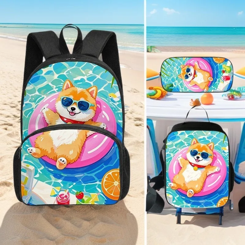 Cartoon Dog Print 3Pcs Set with Front Pocket Backpack School Bag  with Lunch Bag Pencil Case Lightweight Large Capacity