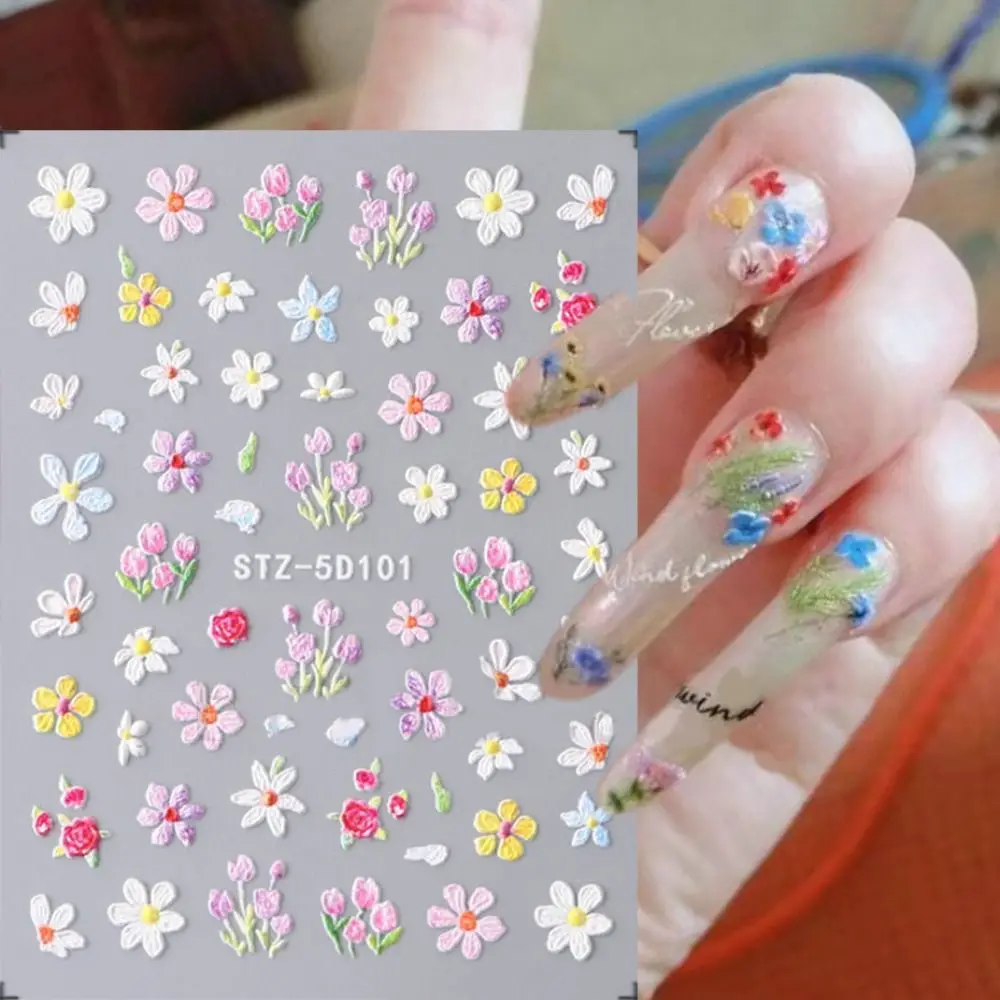 Pegatinas de pétalos 5D para uñas, calcomanías adhesivas de flores coloridas en relieve, dijes elegantes franceses grabados, decoración de Arte de uñas DIY, nuevo