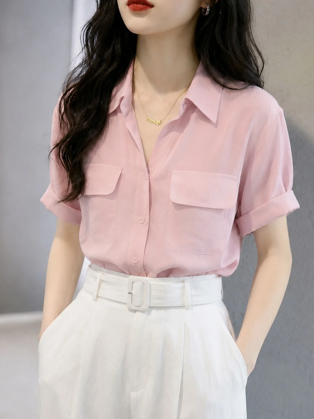 Sweet Elegant Single-Button Short-Sleeve Shirt Women's Pure Color Simple Style Summer Fashion Korean Version Silk Top