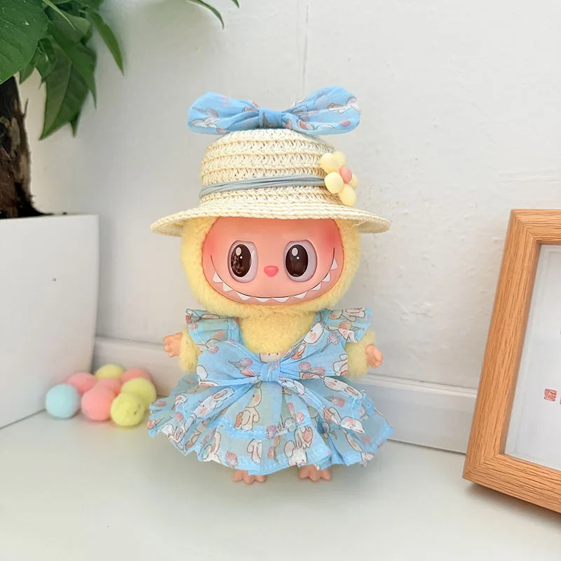 Clothes For Labubu 1st 2nd 3rd Gen 15/17cm Sweet Floral Lace Dress With Bowknot And Straw Hat Couple Outfits For Dressing Up