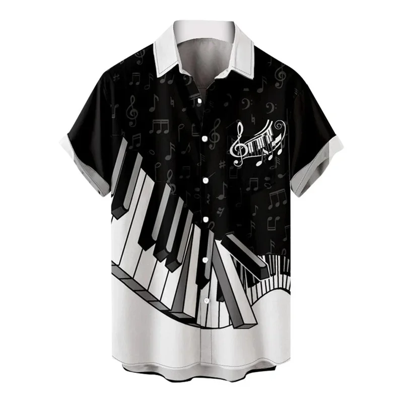 Black White Piano Pattern Hawaiian Shirt Men's Music Note 3D Print Short Sleeves Summer Loose Lapel Blouse Button Aloha Shirts