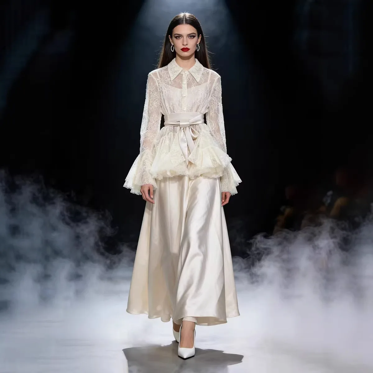 

Elegant Summer Long Dress Two Piece Set Women Sequin Lace Blouses Satin Maxi Skirts Suits Vacation Evening 2pcs Outfits