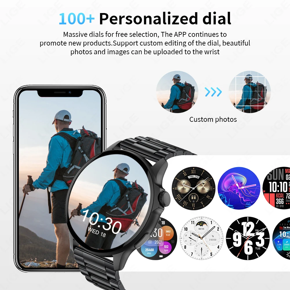 LIGE-Smartwatch de aço impermeável para homens, Full Circle Touch Screen, Bluetooth Call, Atividade esportiva, Relógios Fitness, 2024