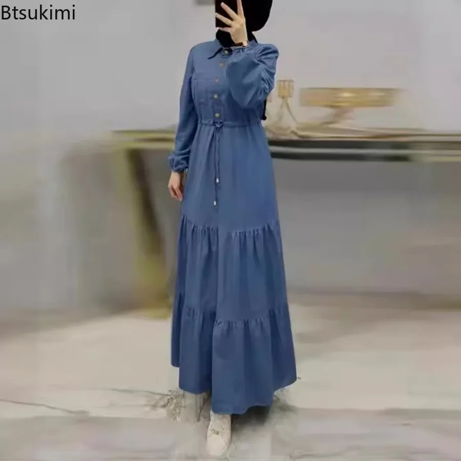 Lente Nieuwe Dames Elegante Denim Jurk Mode Patchwork Blauwe Lange Jurk Voor Vrouwen Moslim Abaya Vintage Streetstyle Dames Gewaad