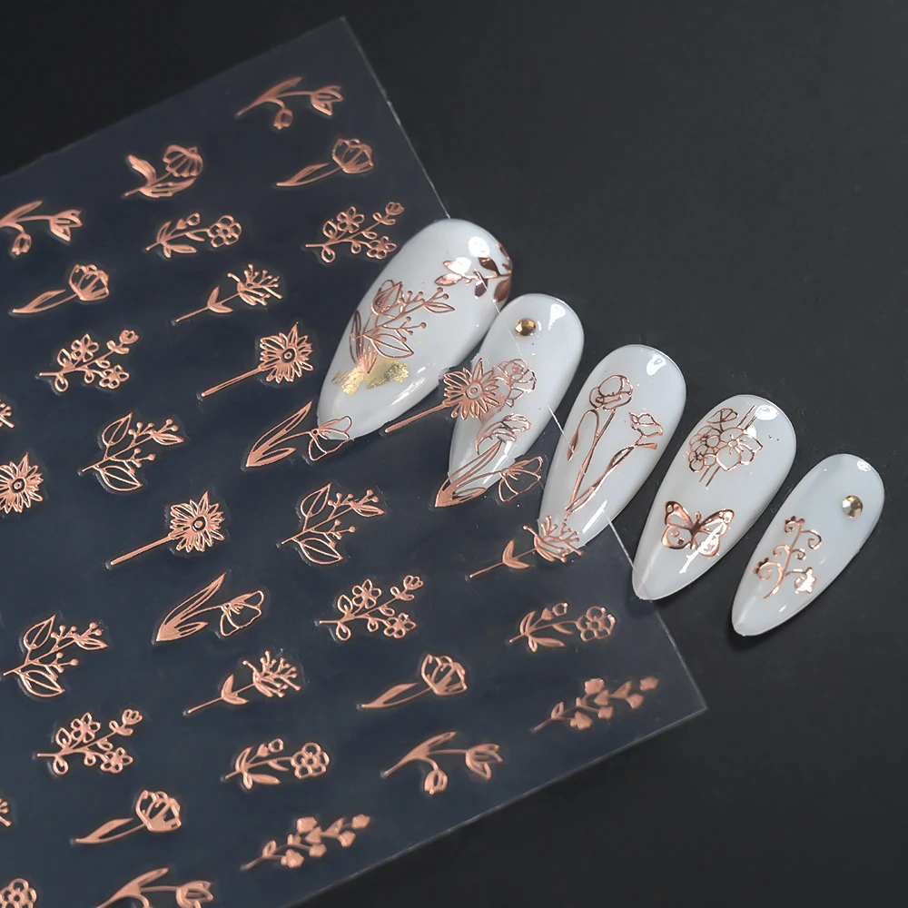 12 Uds. De pegatinas 3D de hojas de oro rosa para decoración de uñas, deslizadores autoadhesivos de hojas florales metálicas, calcomanías para manicura de mariposas y flores bronceadoras
