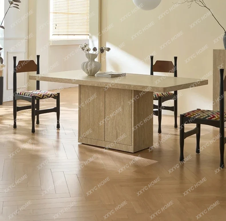 Travertine rock slab dining table rectangular function with storage villa premium household quiet wind dining table
