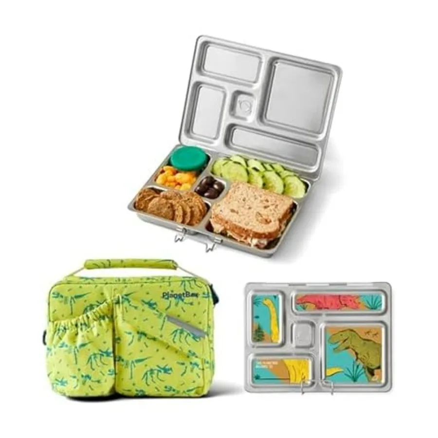 

Rover Stainless Steel Bento Box Style Lunch Box Kit for Kids with 5 Compartments, Dino Dig Edition includes Insulated Lunch Bag,
