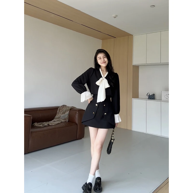 

Bla High Waist A-Line Skirt And Color Blo irt Women's Faion Set Autumn Season Long Sve French Sle Polyester Fabric