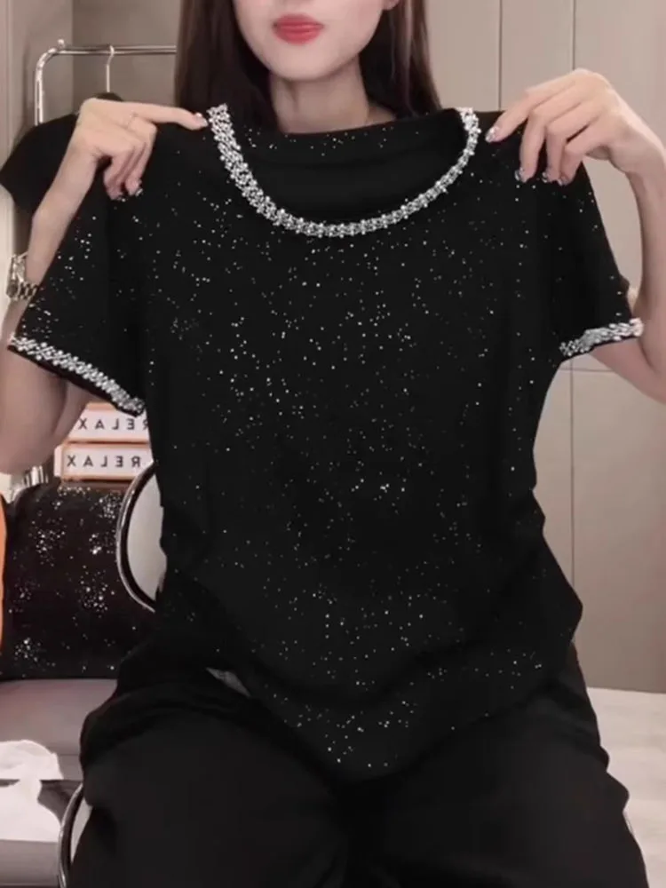 High-end feeling starry sky diamond studded short sleeved t-shirt women's plus size summer slimming half sleeved top
