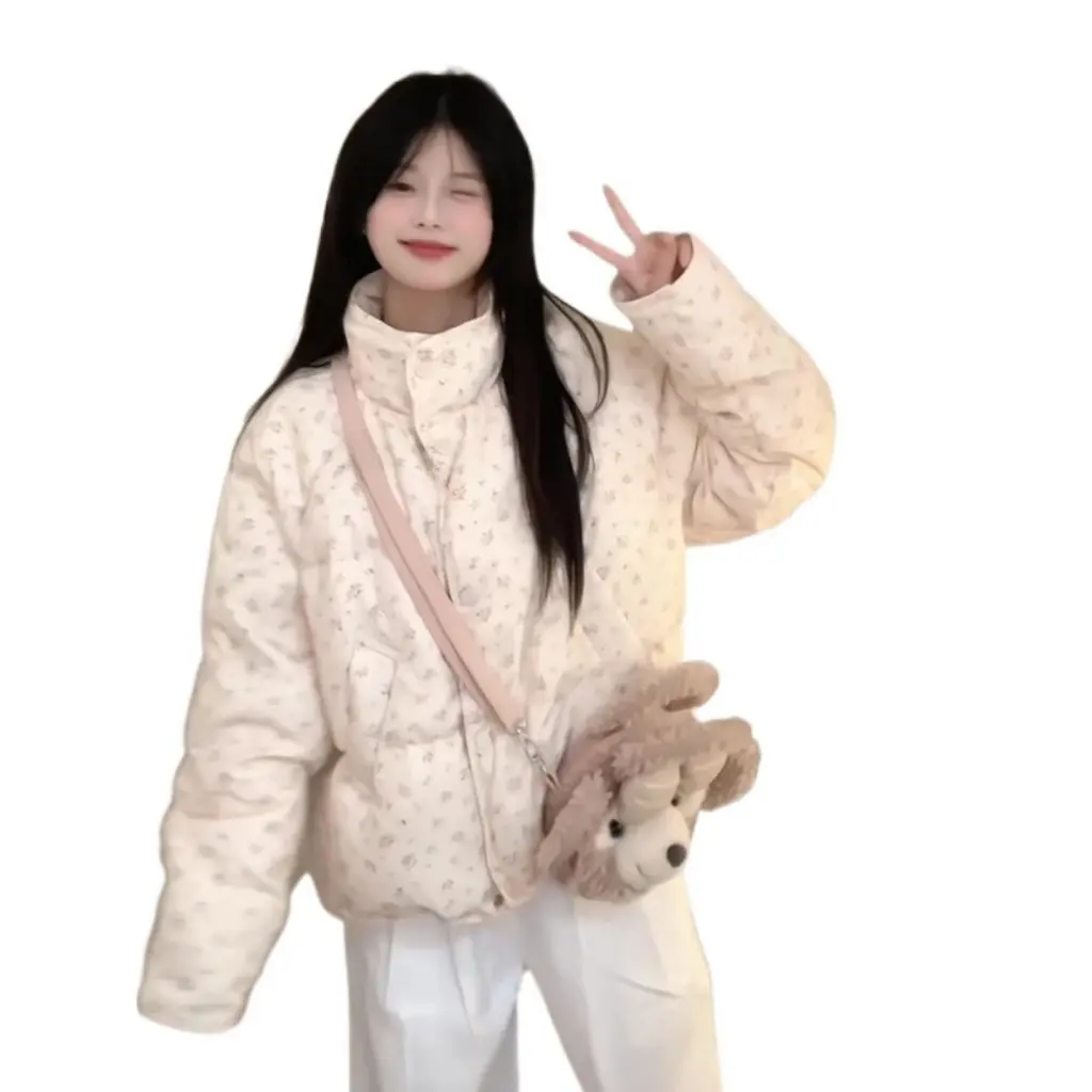 

Зимнее женское пальто на хлопковой подкладке, милый цветочный дизайн, короткий комплект с воротником, утолщенный костюм для хлеба, новинка молочного хутра