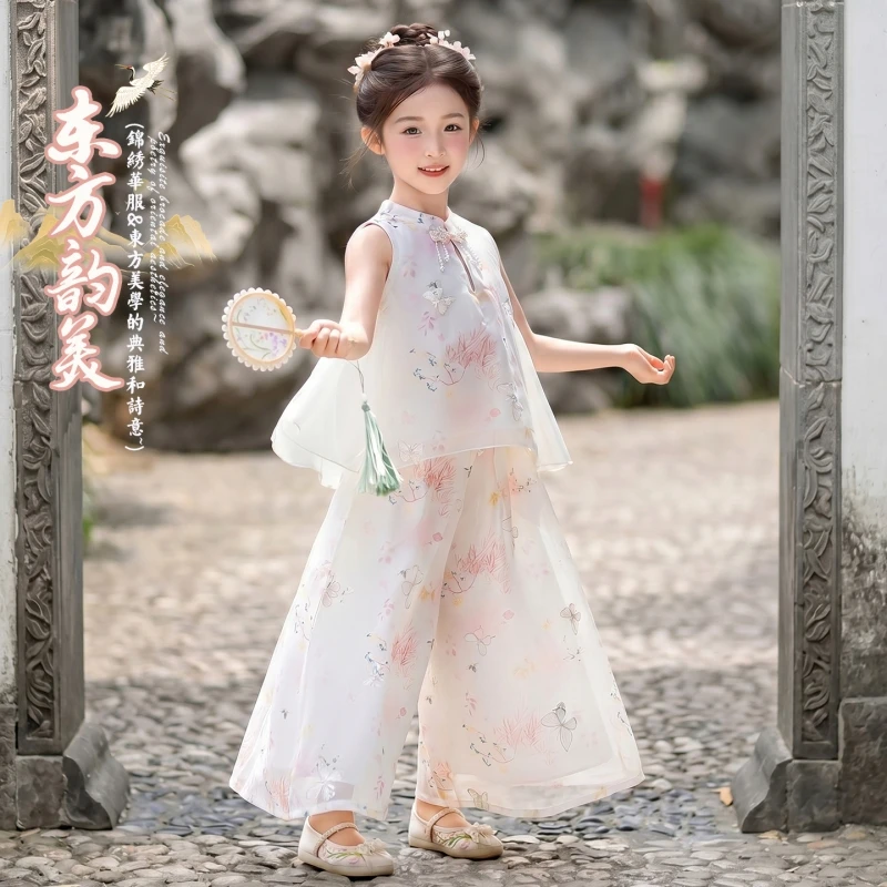 Girls Chinese Hanfu Outfit Summer Sleeveless Mandarin Collar Top Wide Leg Pants Floral Print Loose Kids Traditional Set 6-14Y