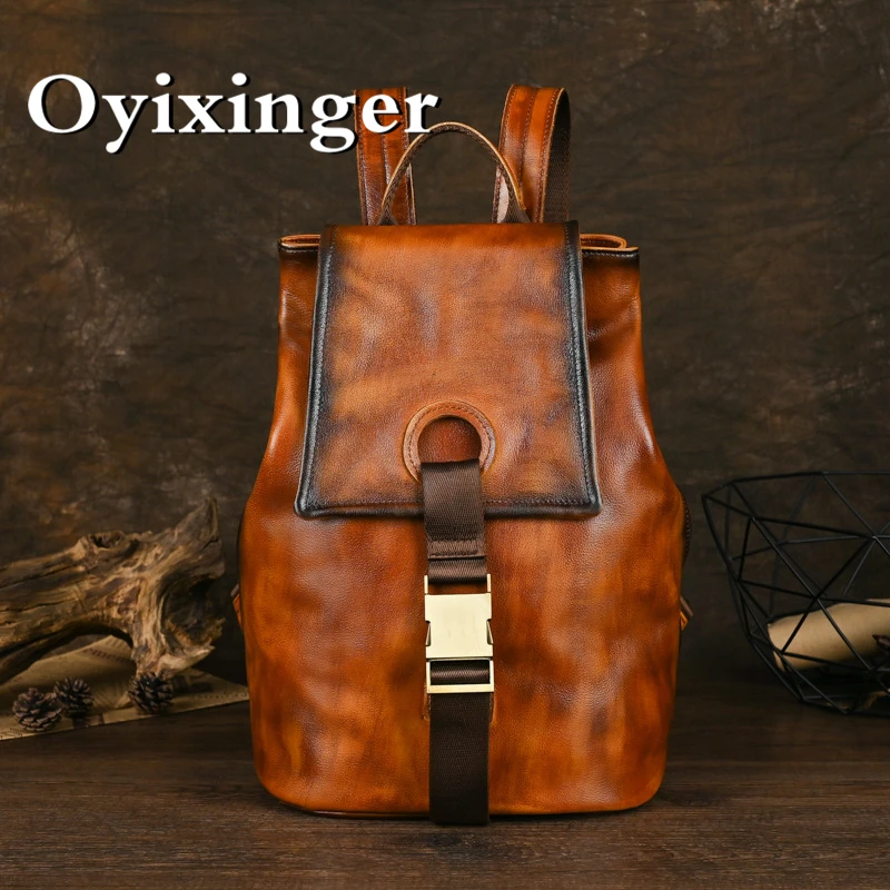 

OYIXINGER New Luxury Cowhide Men Backpack Casual Genuine Leather Laptop Bag Vintage Large Capacity Travel Bag Shoolbag For Boy