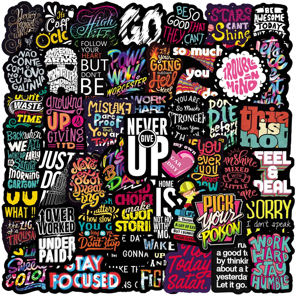 

50PCS Inspirational Doodle Text Black Bottom Phrase Decorative Laptop Suitcase Guitar iPad Waterproof Sticker Kids Toy