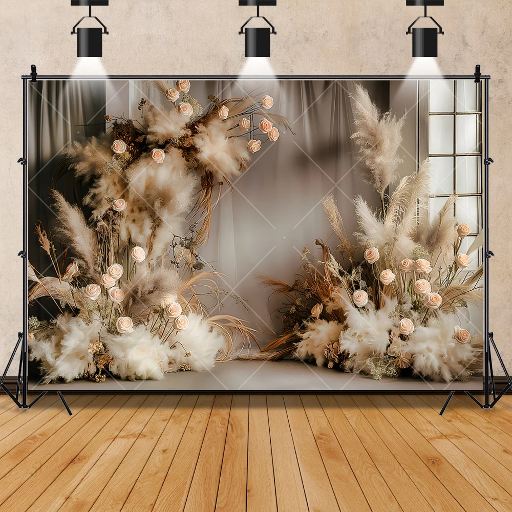 Indoor Bohemian Pampas Grass Photography Background Customized Pregnant Adult Children Portrait Decoration Photo Studio Props