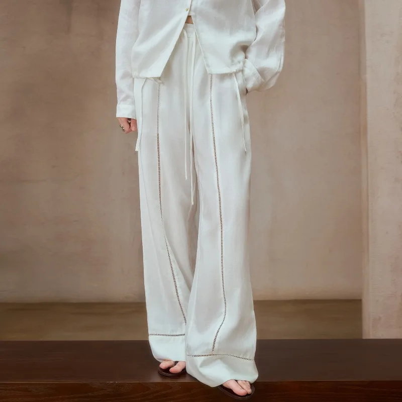 Fashion Streetwear Women Pant Lyocell Linen White Color Lace Hollow Out High-waisted Stretch Wide-leg Pants Loose Casual Trouser