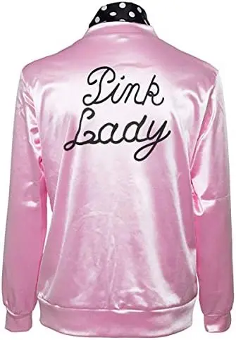 Womens 1950s Pink Ladies Satin Grease Jacket with Neck Scarfs Halloween Cosplay Costume Fancy Dress 50s Poodle Modern Coat Suit