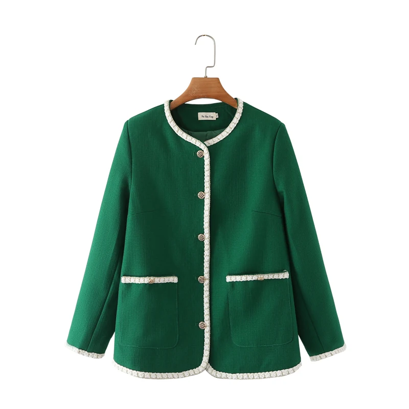 Autumn Ladies Casual Oversized Jacket Double Pocket Embellished Retro Style Large Size Coat Loose Small Suiting for Women