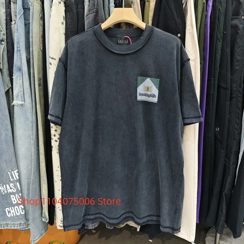 

Винтажная стираная футболка с ложным восхитием для мужчин, потертая уличная одежда большого размера в стиле ретро, свободная повседневная футболка в городском стиле