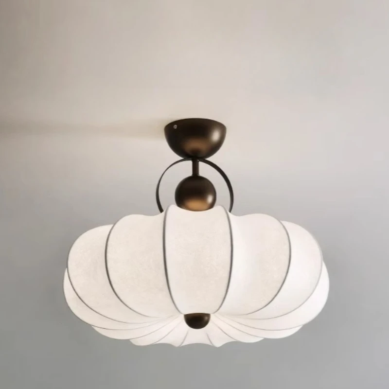 Japanese Wabi-sabi Iron Art LED Ceiling Lights White Lantern Silk Lampshade Living Room Bedroom Restaurant Kitchen Hanging Lamps