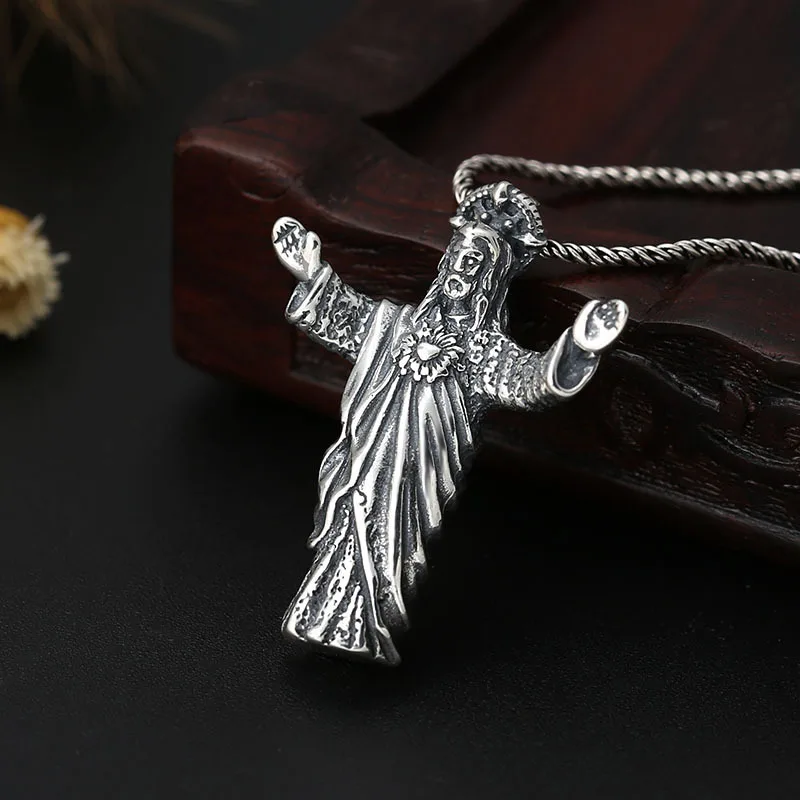 S925 Sterling Silver Jesus Pendant Black Color Old Process Unisex Fine Jewelry FYNE439