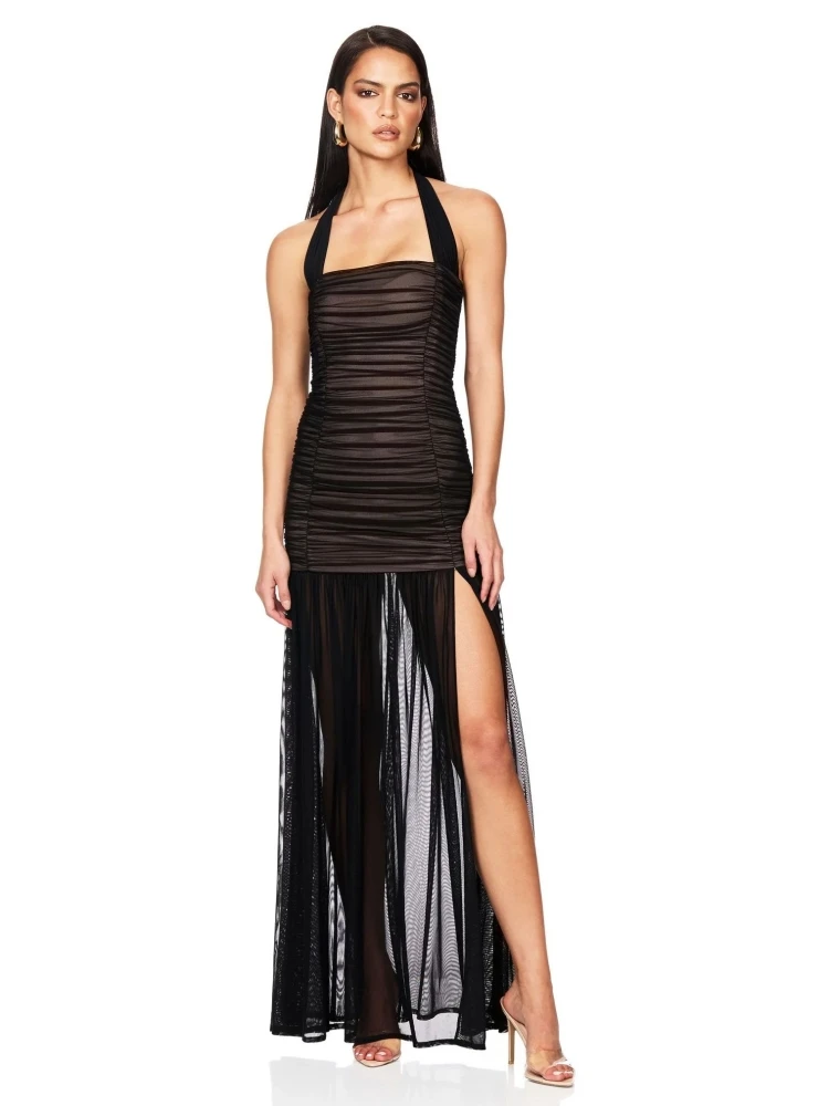 

Sexy Halter Neck Mesh Ruched Split Long Dress Women Black Sleeveless Backless Folds Patchwork Slim Dresses Evening Party Club