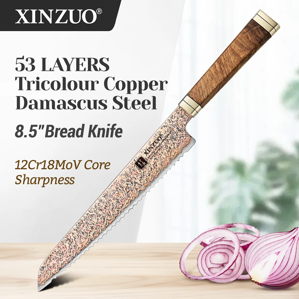 XINZUO 8.5''Bread Knife 53 Layers Tricolour Copper Damascus Steel Blade With 12Cr18MoV Core For Slicing Bread/Cake/Fruit