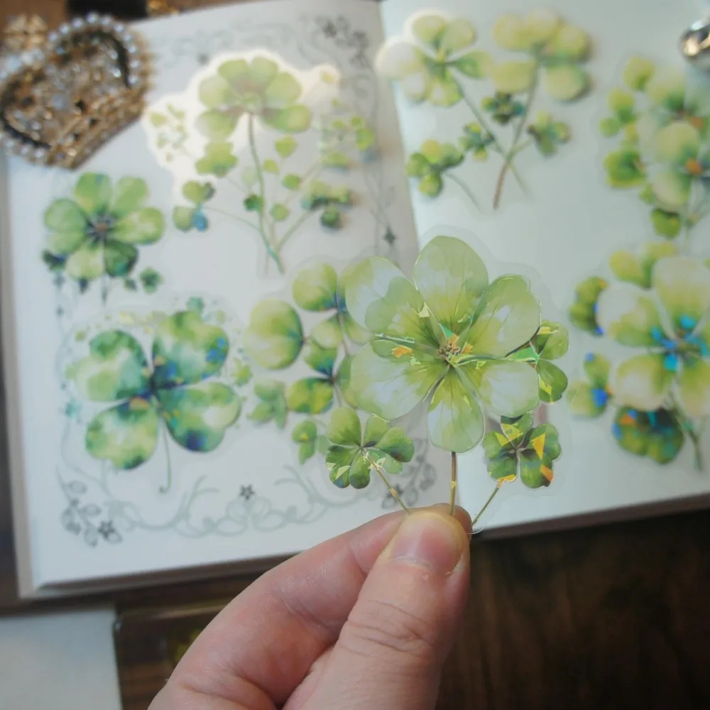 

10 Pcs Laser Diamond Pattern Four Leaf Clover Flower Wreath Bouquet Style PVC Sticker Scrapbooking DIY Gift Decoration Tag