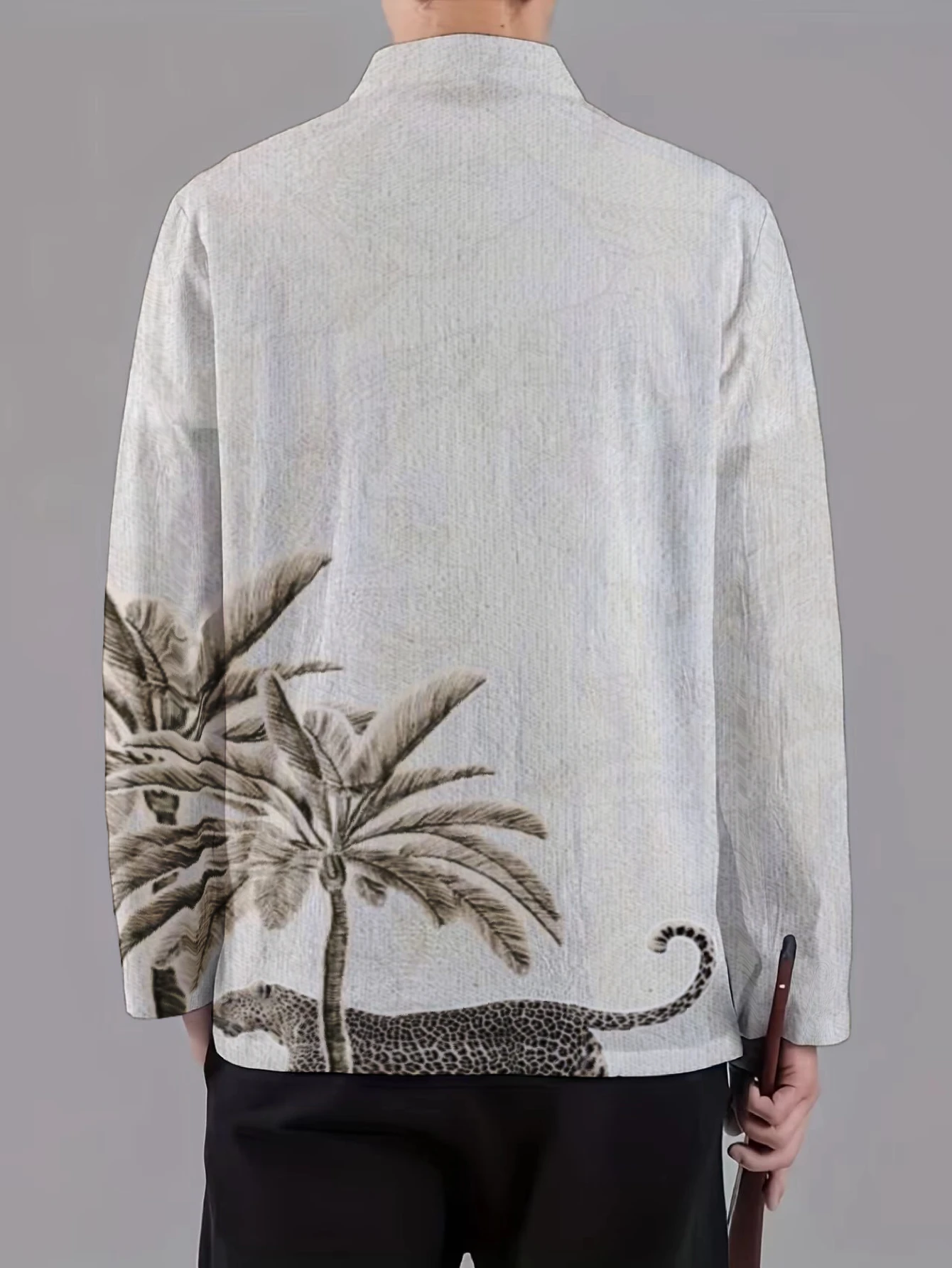 Men Mandarin Collar Frog Button Jacket Bamboo Lotus Paisley Art Print Traditional Outerwear