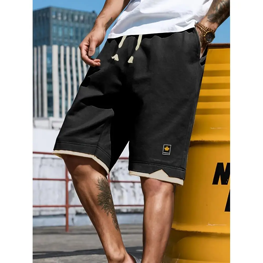 

Men's Fake Two-Piece Patch Shorts, Drawstring Casual Sports Beach Pants