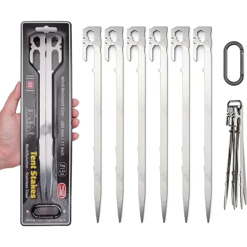 Conjunto de 6 Estacas para Barraca, Essenciais para Camping, Estacas de Aço Inoxidável de Alta Resistência, Leves e Práticas