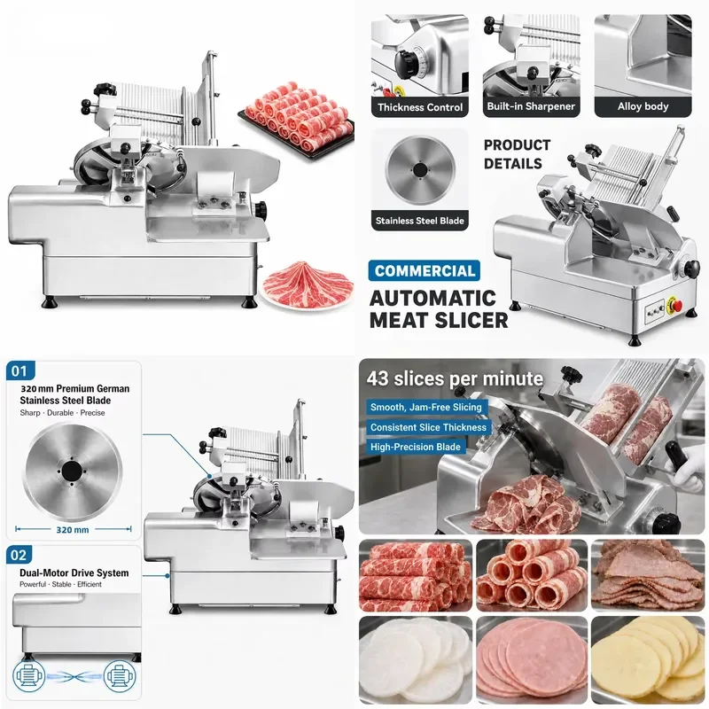 New 220V Desktop Automatic Frozen Mutton Slicer Commercial Stainless Steel Meat Slicer Adjustable Thickness 2.5-15mm
