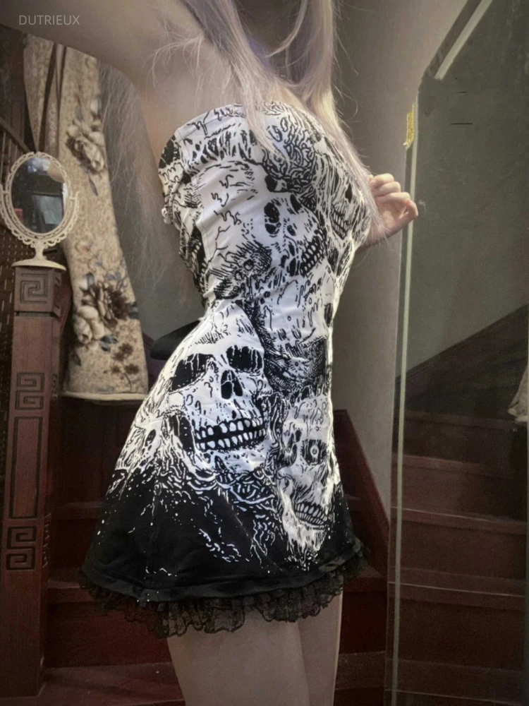 Gothic Skull Print Mini Tube Dress Women Grunge Y2k Lace Patchwork Sexy Dresses Backless Harajuku Slim Robe Bandage Vestitos