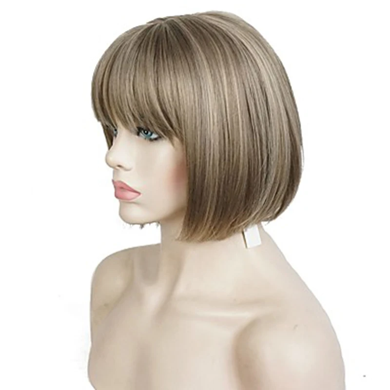 HAIRJOY Women Synthetic Hair Wig Straight Bob Short Brown Highlighted  Balayage Wig
