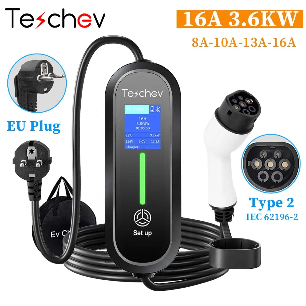 

Teschev 3.6W 16A Portable EV Charger Type 2 EVSE Charging Box Controller Wallbox for Electric Car Charging Current Adjustable