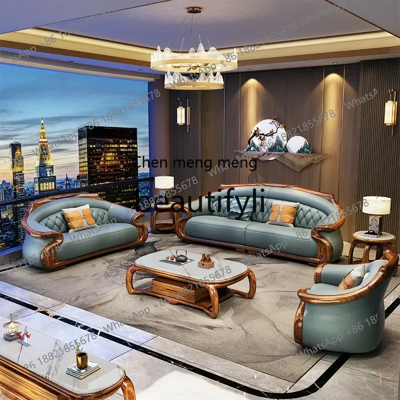 B178 A New Chinese modern ebony leather sofa thick leather villa living room large apartment solid wood first layer cowhide furn