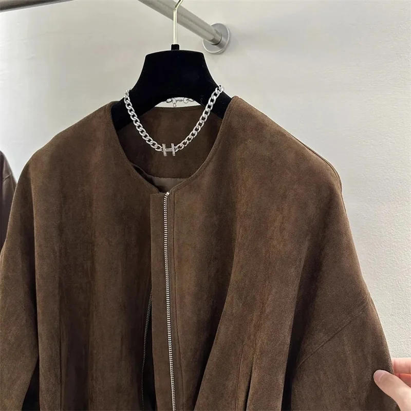 2025 أنثى موضة Lmitation الجلد المدبوغ القمم سترة ربيع الخريف المرأة الجولة الرقبة أبلى السيدات الأمريكية طويلة الأكمام معطف قصير