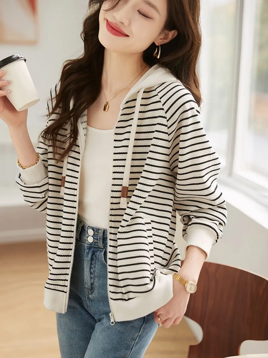 Hoodies Women Classic Spring Outerwear Striped Vintage Korean Style Leisure All-match Young Simple Students Streetwear Harajuku