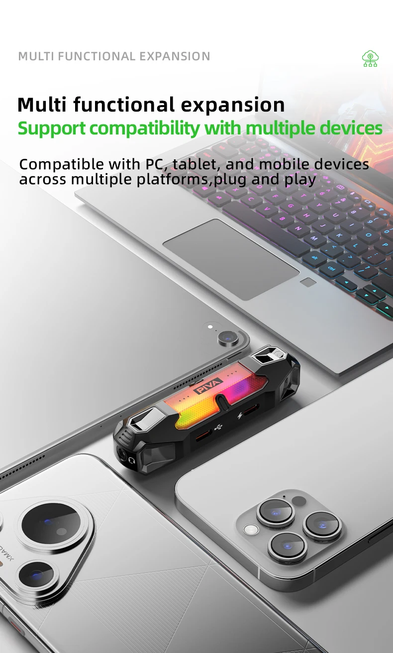 PIVA 4 in 1 Game Sound Card Adapter Docking Station Type-C PD60W DAC 32bit/384kHz 3.5MM USB2.0 3-stage EQ Tuning RGB for PUBG